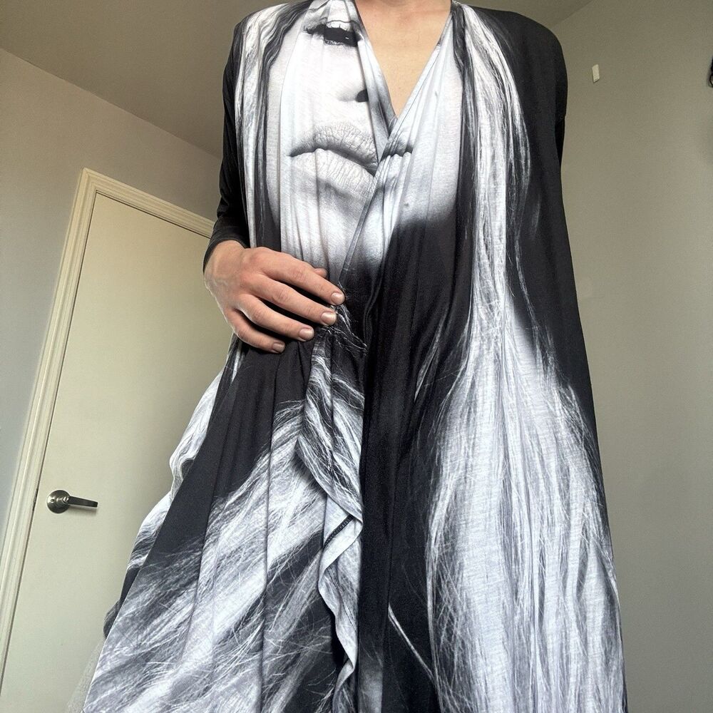 Vintage Religion Face Print Black/White Cardigan High Low Hem Oversized Sz XS
